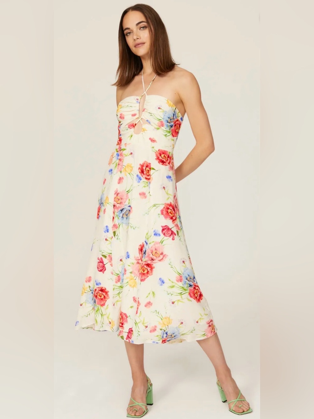 Yumi Kim Lani Dress Floral Strappy Midi White and Rainbow Flowers Large